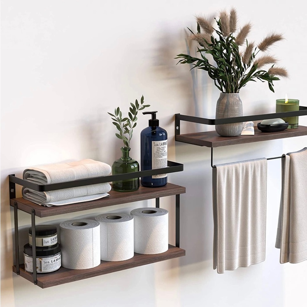 2+ 1 Tier Rustic Wood Bathroom Kitchen Wall Shelving Shelf